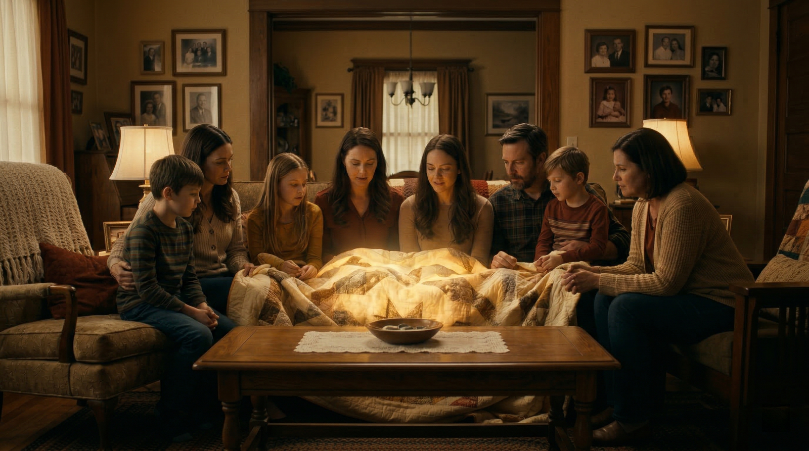 A family gathered around a glowing heirloom quilt, listening to grandmother's stories